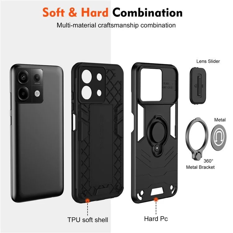 For Xiaomi Redmi Note 13 Pro 5G / Poco X6 5G Case Slide Camera Lid PC+TPU Ring Kickstand Phone Cover