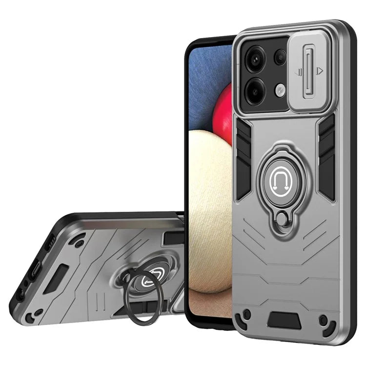 For Xiaomi Redmi Note 13 Pro 5G / Poco X6 5G Case Slide Camera Lid PC+TPU Ring Kickstand Phone Cover