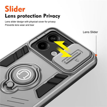 For Xiaomi Redmi Note 13 Pro 5G / Poco X6 5G Case Slide Camera Lid PC+TPU Ring Kickstand Phone Cover