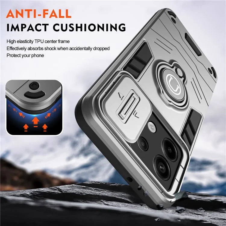 For Xiaomi Redmi Note 13 Pro 5G / Poco X6 5G Case Slide Camera Lid PC+TPU Ring Kickstand Phone Cover