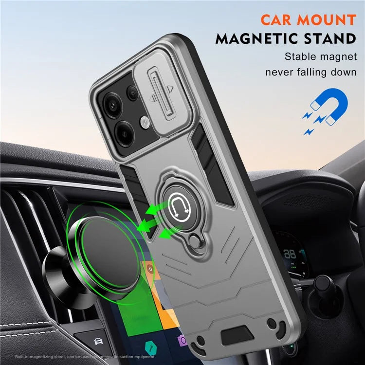 For Xiaomi Redmi Note 13 Pro 5G / Poco X6 5G Case Slide Camera Lid PC+TPU Ring Kickstand Phone Cover