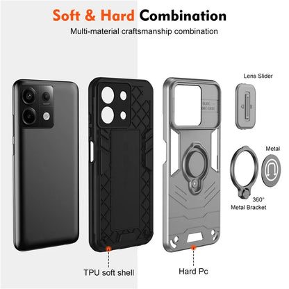 For Xiaomi Redmi Note 13 Pro 5G / Poco X6 5G Case Slide Camera Lid PC+TPU Ring Kickstand Phone Cover