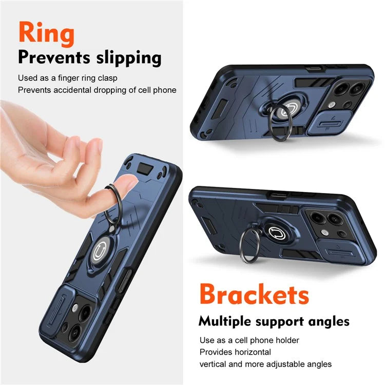 For Xiaomi Redmi Note 13 Pro 5G / Poco X6 5G Case Slide Camera Lid PC+TPU Ring Kickstand Phone Cover