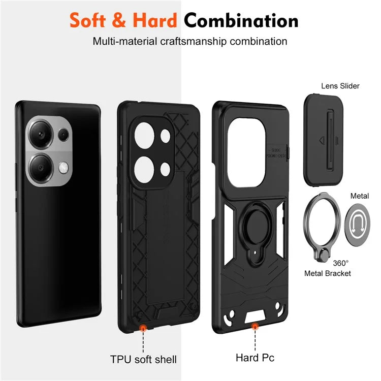 For Xiaomi Redmi Note 13 Pro 4G / Poco M6 Pro 4G Case Slide Lens Guard Phone Cover with Kickstand