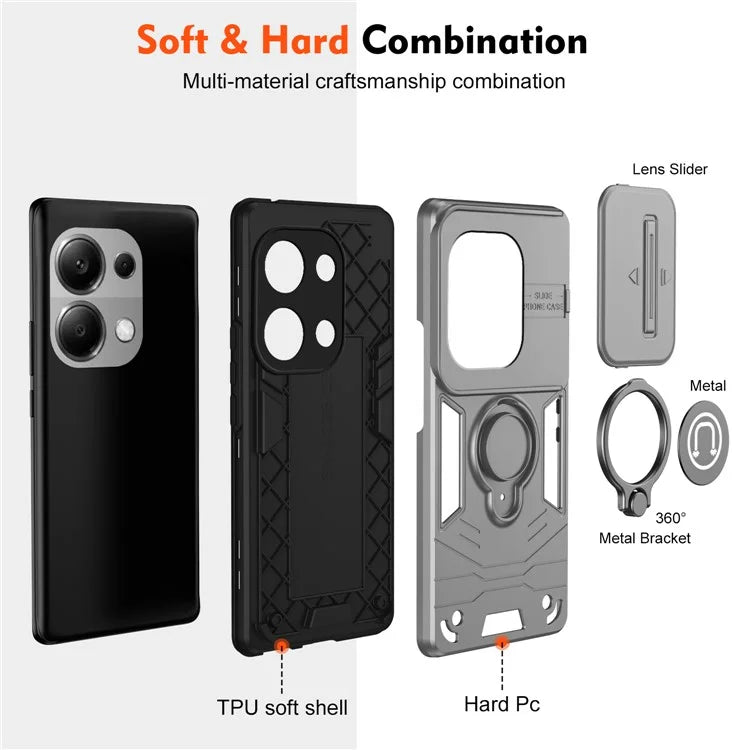 For Xiaomi Redmi Note 13 Pro 4G / Poco M6 Pro 4G Case Slide Lens Guard Phone Cover with Kickstand