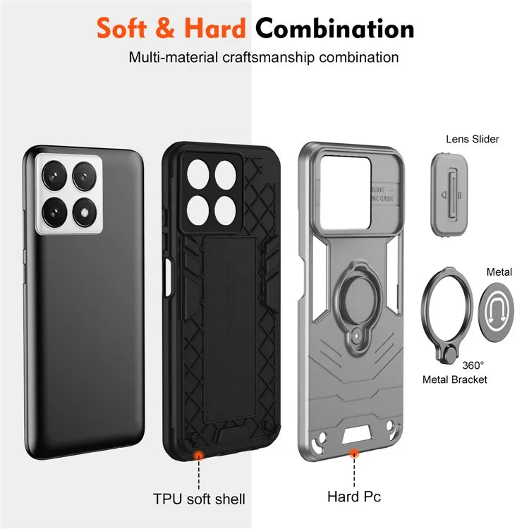 For Xiaomi Poco X6 Pro 5G / Redmi K70E 5G Case Slide Camera Lid PC+TPU Ring Kickstand Phone Cover