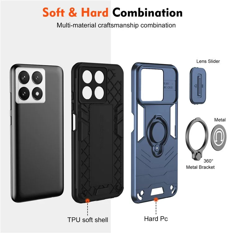 For Xiaomi Poco X6 Pro 5G / Redmi K70E 5G Case Slide Camera Lid PC+TPU Ring Kickstand Phone Cover