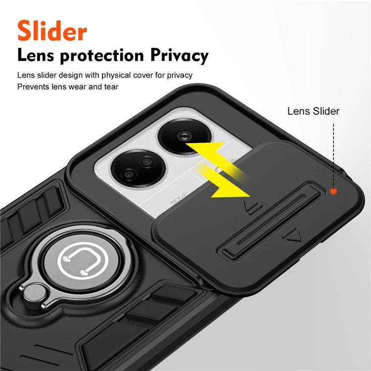 For Xiaomi Poco M6 5G / Poco C65 4G / Redmi 13C 4G / 13C 5G / 13R 5G Case Slide Lens Lid Anti-Fall Phone Cover with Ring Kickstand