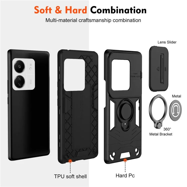 For Xiaomi Poco M6 5G / Poco C65 4G / Redmi 13C 4G / 13C 5G / 13R 5G Case Slide Lens Lid Anti-Fall Phone Cover with Ring Kickstand