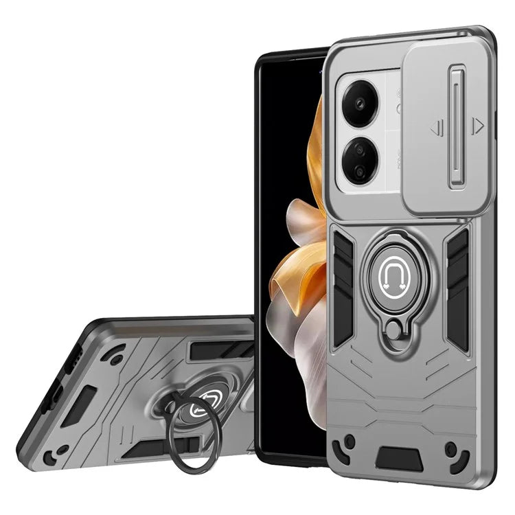 For Xiaomi Poco M6 5G / Poco C65 4G / Redmi 13C 4G / 13C 5G / 13R 5G Case Slide Lens Lid Anti-Fall Phone Cover with Ring Kickstand