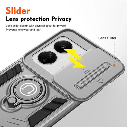For Xiaomi Poco M6 5G / Poco C65 4G / Redmi 13C 4G / 13C 5G / 13R 5G Case Slide Lens Lid Anti-Fall Phone Cover with Ring Kickstand