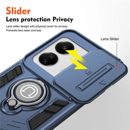 For Xiaomi Poco M6 5G / Poco C65 4G / Redmi 13C 4G / 13C 5G / 13R 5G Case Slide Lens Lid Anti-Fall Phone Cover with Ring Kickstand