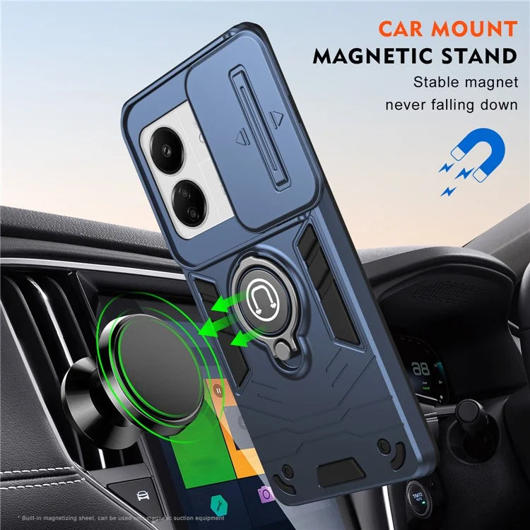 For Xiaomi Poco M6 5G / Poco C65 4G / Redmi 13C 4G / 13C 5G / 13R 5G Case Slide Lens Lid Anti-Fall Phone Cover with Ring Kickstand