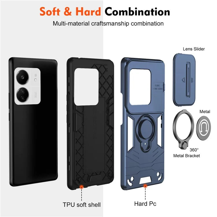For Xiaomi Poco M6 5G / Poco C65 4G / Redmi 13C 4G / 13C 5G / 13R 5G Case Slide Lens Lid Anti-Fall Phone Cover with Ring Kickstand