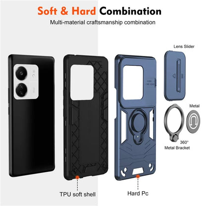 For Xiaomi Poco M6 5G / Poco C65 4G / Redmi 13C 4G / 13C 5G / 13R 5G Case Slide Lens Lid Anti-Fall Phone Cover with Ring Kickstand