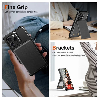 ZM11 For iPhone 14 Pro Max Kickstand Case Card Slots PU Leather+TPU Phone Cover
