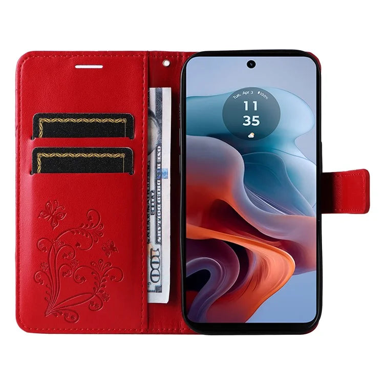 KT Imprinting Flower Series-2 For Motorola Moto G34 5G Case Floral Butterfly Design Flip Leather Phone Cover
