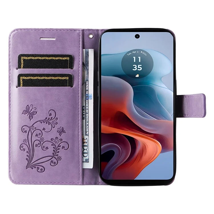 KT Imprinting Flower Series-2 For Motorola Moto G34 5G Case Floral Butterfly Design Flip Leather Phone Cover