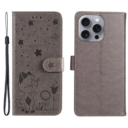 KT Imprinting Flower Series-4 For iPhone 16 Pro Max Leather Phone Case PU Leather Cat Bee Pattern Phone Cover