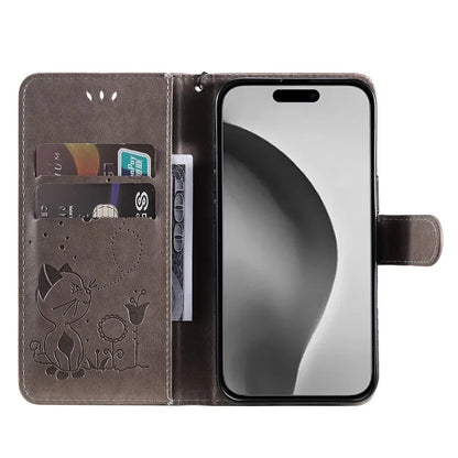 KT Imprinting Flower Series-4 For iPhone 16 Pro Max Leather Phone Case PU Leather Cat Bee Pattern Phone Cover