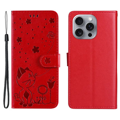 KT Imprinting Flower Series-4 For iPhone 16 Pro Max Leather Phone Case PU Leather Cat Bee Pattern Phone Cover
