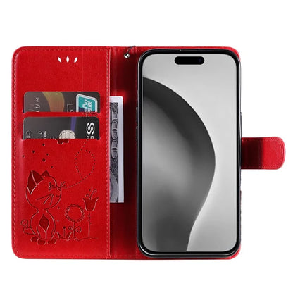 KT Imprinting Flower Series-4 For iPhone 16 Pro Max Leather Phone Case PU Leather Cat Bee Pattern Phone Cover