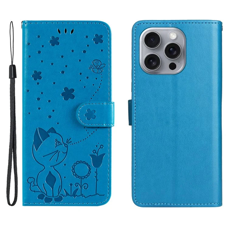 KT Imprinting Flower Series-4 For iPhone 16 Pro Max Leather Phone Case PU Leather Cat Bee Pattern Phone Cover