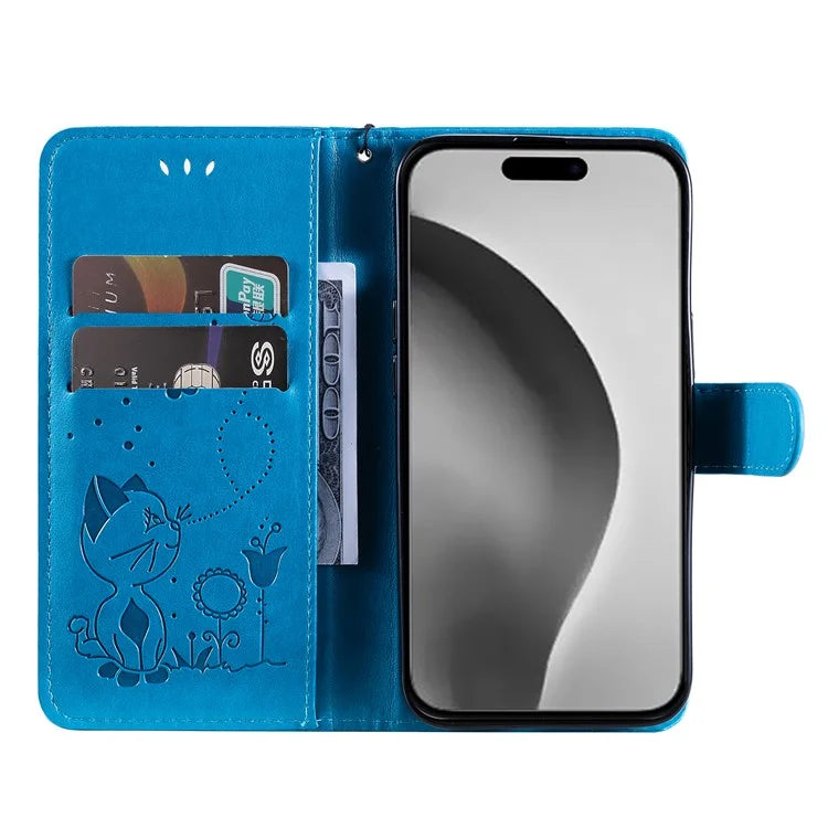 KT Imprinting Flower Series-4 For iPhone 16 Pro Max Leather Phone Case PU Leather Cat Bee Pattern Phone Cover