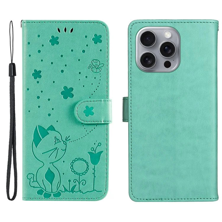 KT Imprinting Flower Series-4 For iPhone 16 Pro Max Leather Phone Case PU Leather Cat Bee Pattern Phone Cover