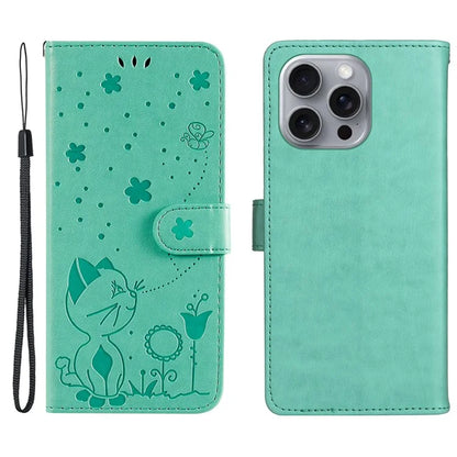 KT Imprinting Flower Series-4 For iPhone 16 Pro Max Leather Phone Case PU Leather Cat Bee Pattern Phone Cover