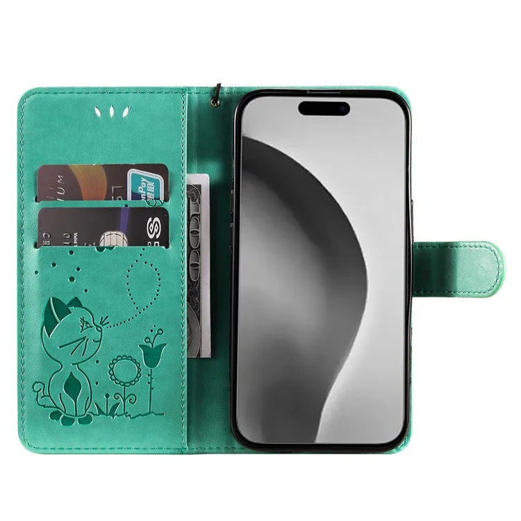 KT Imprinting Flower Series-4 For iPhone 16 Pro Max Leather Phone Case PU Leather Cat Bee Pattern Phone Cover