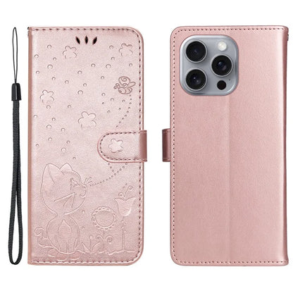 KT Imprinting Flower Series-4 For iPhone 16 Pro Max Leather Phone Case PU Leather Cat Bee Pattern Phone Cover
