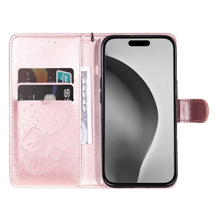 KT Imprinting Flower Series-4 For iPhone 16 Pro Max Leather Phone Case PU Leather Cat Bee Pattern Phone Cover