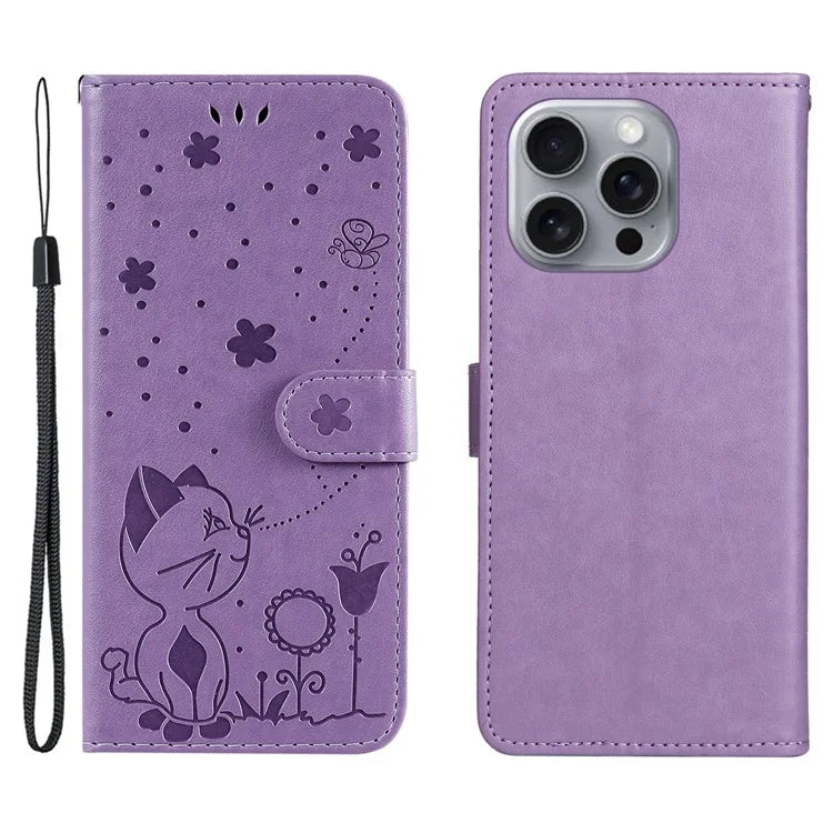 KT Imprinting Flower Series-4 For iPhone 16 Pro Max Leather Phone Case PU Leather Cat Bee Pattern Phone Cover