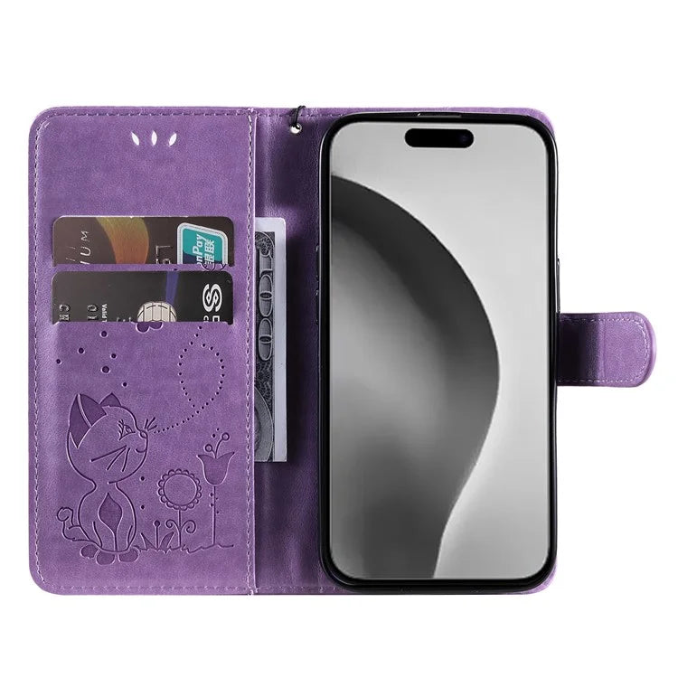 KT Imprinting Flower Series-4 For iPhone 16 Pro Max Leather Phone Case PU Leather Cat Bee Pattern Phone Cover