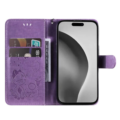 KT Imprinting Flower Series-4 For iPhone 16 Pro Max Leather Phone Case PU Leather Cat Bee Pattern Phone Cover