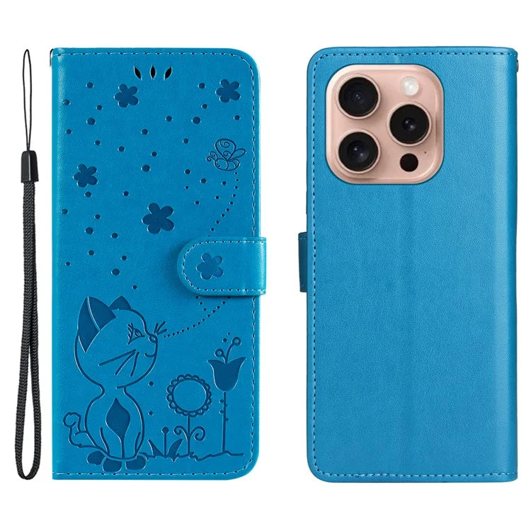 KT Imprinting Flower Series-4 For iPhone 16 Pro Case PU Leather Cat Bee Pattern Phone Cover