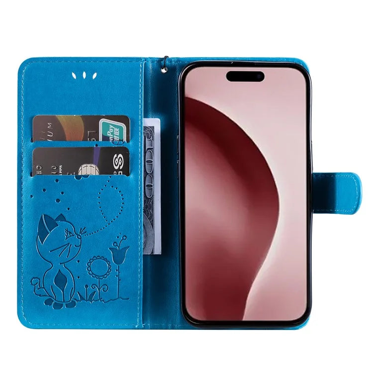 KT Imprinting Flower Series-4 For iPhone 16 Pro Case PU Leather Cat Bee Pattern Phone Cover