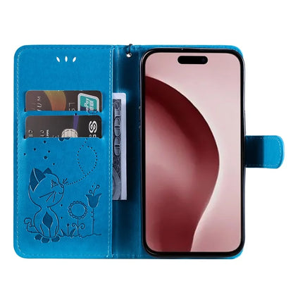 KT Imprinting Flower Series-4 For iPhone 16 Pro Case PU Leather Cat Bee Pattern Phone Cover
