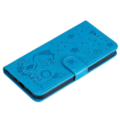 KT Imprinting Flower Series-4 For iPhone 16 Pro Case PU Leather Cat Bee Pattern Phone Cover