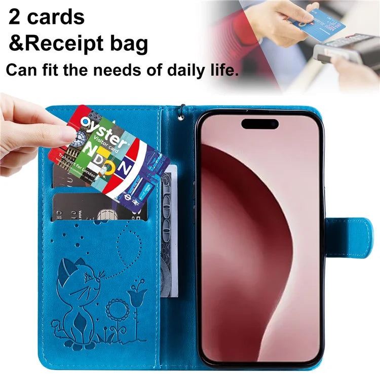 KT Imprinting Flower Series-4 For iPhone 16 Pro Case PU Leather Cat Bee Pattern Phone Cover