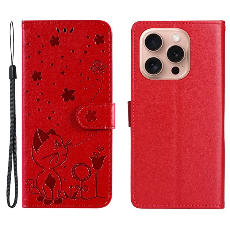 KT Imprinting Flower Series-4 For iPhone 16 Pro Case PU Leather Cat Bee Pattern Phone Cover