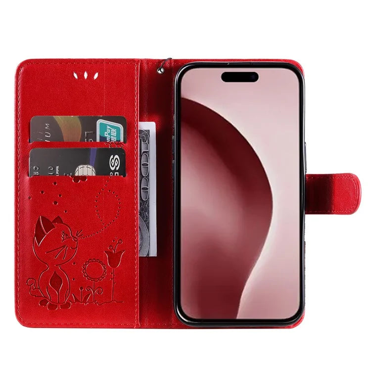 KT Imprinting Flower Series-4 For iPhone 16 Pro Case PU Leather Cat Bee Pattern Phone Cover