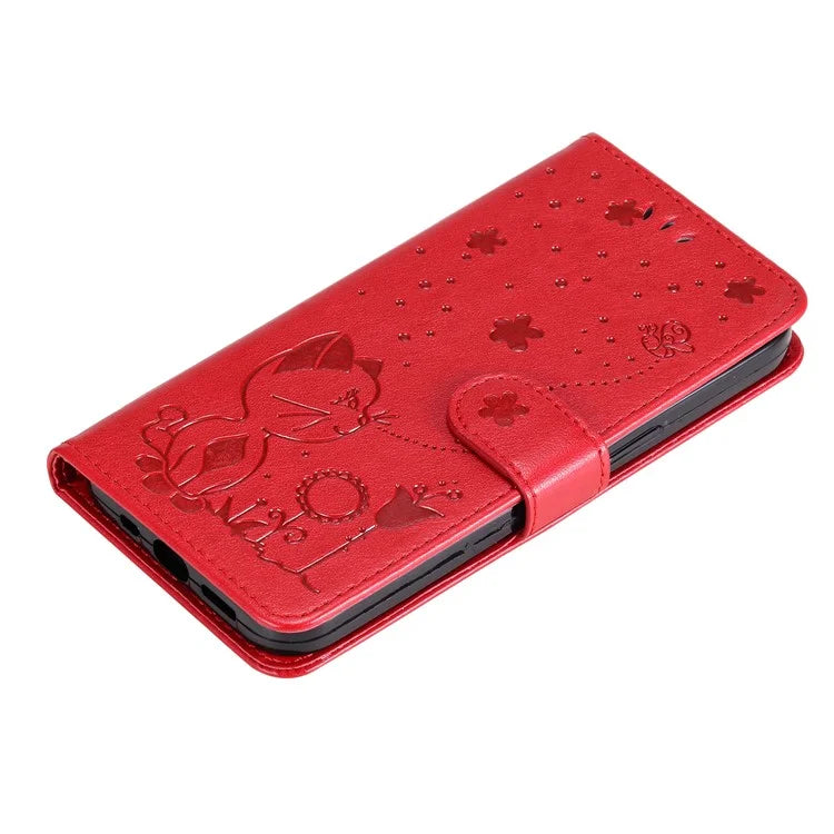 KT Imprinting Flower Series-4 For iPhone 16 Pro Case PU Leather Cat Bee Pattern Phone Cover
