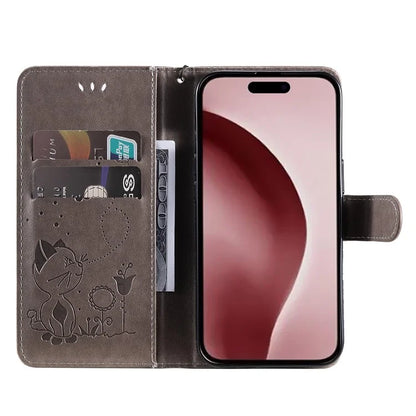 KT Imprinting Flower Series-4 For iPhone 16 Pro Case PU Leather Cat Bee Pattern Phone Cover