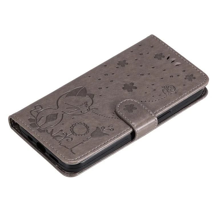 KT Imprinting Flower Series-4 For iPhone 16 Pro Case PU Leather Cat Bee Pattern Phone Cover