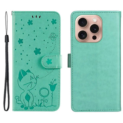KT Imprinting Flower Series-4 For iPhone 16 Pro Case PU Leather Cat Bee Pattern Phone Cover