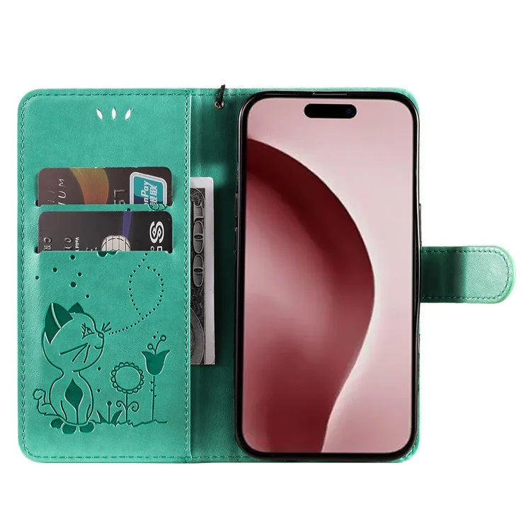 KT Imprinting Flower Series-4 For iPhone 16 Pro Case PU Leather Cat Bee Pattern Phone Cover