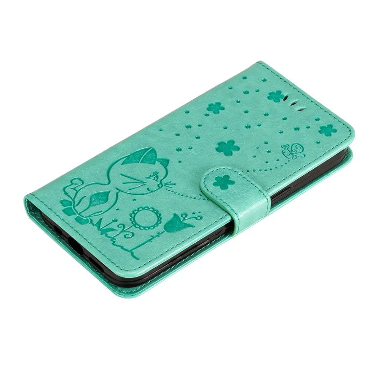 KT Imprinting Flower Series-4 For iPhone 16 Pro Case PU Leather Cat Bee Pattern Phone Cover