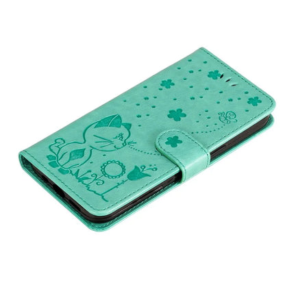KT Imprinting Flower Series-4 For iPhone 16 Pro Case PU Leather Cat Bee Pattern Phone Cover